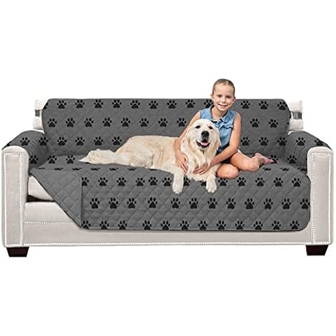 Sofa Shield Patent Pending Sofa Slipcover, Reversible Easy Fit, 70" Seat Width, Tear Resistant Microfiber Furniture Protector with Straps, Soft Durable Couch Cover, Pet Dogs, Kids, Paw Gray Black Cover