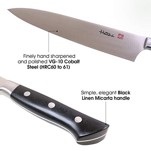 Hattori Japanese Chef’s Knife, FH-6L Professional Gyuto Knife, VG-10 Cobalt Steel Pro Kitchen Knife with Ergonomic Black Linen Micarta Handle, 8.2 inch