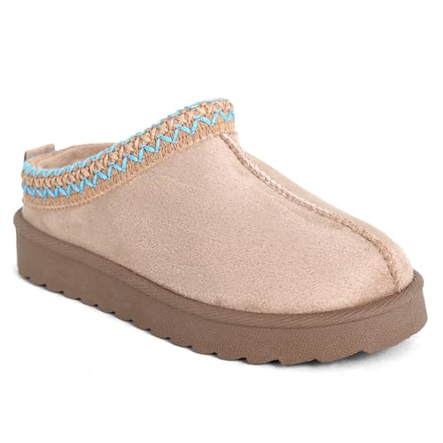 Kids’ Cosy Faux Suede Mule Slippers – Slip-On House Shoes for Boys and Girls with Embroidered Trim & Anti-Slip Sole (BEIGE, One Size, Big Kid, 1, Numeric, UK Footwear Size System, Medium)