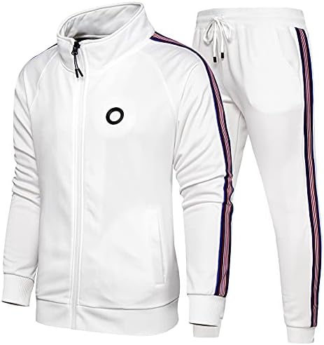 Men Casual Tracksuit Long Sleeve Full-Zip Running Jogging Sports Jacket and Pants, White-S