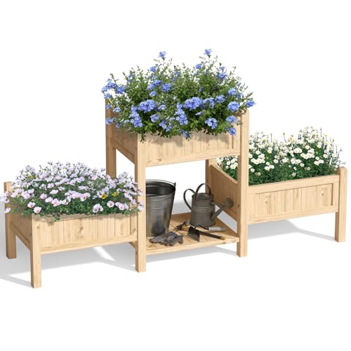 Mashomdec Extra Large Wooden Raised Garden Bed with Legs & Storage Shelf 3 Tier Outdoor Elevated Planter Box for Patios/Herbs/Flowers/Vegetables Easy Assembly Natural