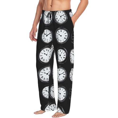 Mens Pajama Pants - Comfy Vintage Clock Pattern Print Pjs Sleep Bottoms for Mens Lounge Pants with Pockets
