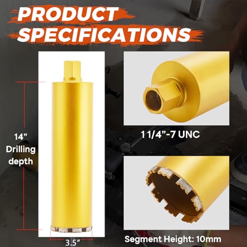 Image of 3 1 /2 Inch Wet Core Drill Bit, 3.5 inch Core Bits for Concrete, 1-1 /4 inch-7 Thread, 14 inch Drilling Depth Diamond Core Drill for Concrete with Rebar, Masonry, Brick Block,Cement, Stucco, Stone (89mm)