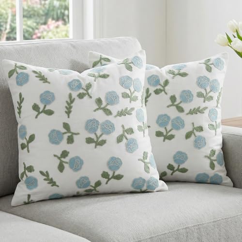 sykting Blue Green Floral Tufted Embroidered Pillow Covers 20x20 Set of 2