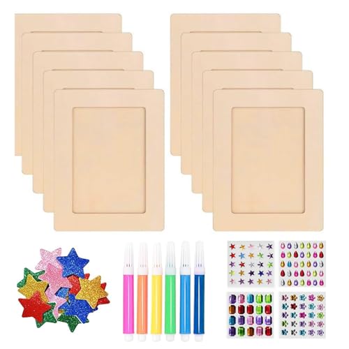 10 Stück Holzbilderrahmen Bilderrahmen Zum Bemalen Holzbilderrahmen Zum Bemalen mit Acrylstiften Glitzersteinen & Stickern Kreatives Bastelset für Familien Deko & Geschenkidee (Stil A)