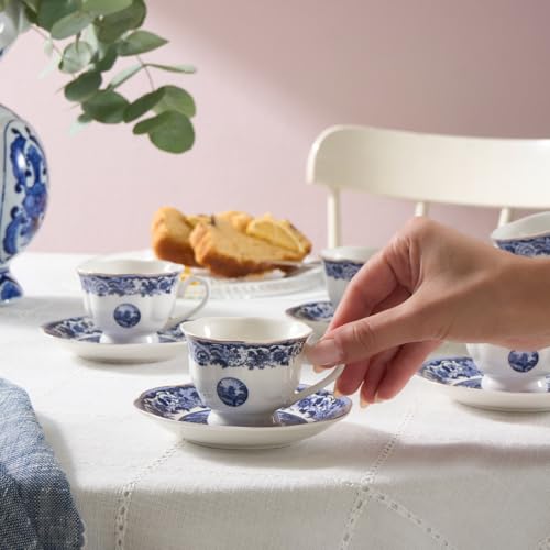 KARACA Blue Odyssey V2 12-Piece Turkish Coffee Cups Set of 6 People, 80ml, Bone China Espresso/Turkish Coffee Set, Intricate Floral Design, Dishwasher Safe
