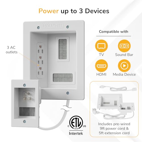 Image of Mount-It! In-Wall TV Cable Management Kit with Power - Triple Outlet, Male Wall Plug and 5ft External & 9ft Behind the Wall Cords, Hand Saw - Easy, Safe Cable Management for TV and Home Theater Setups