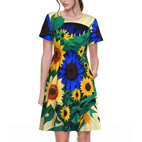 Robe d'été décontractée à motif tournesol et manches courtes pour femme