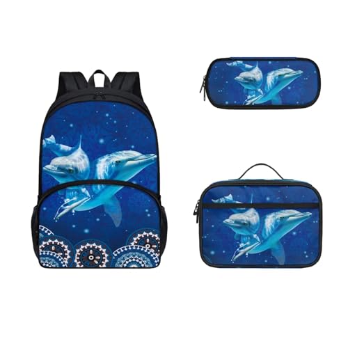 Zaino per bambini per ragazze e ragazzi grande zaino con portapranzo astuccio per matite 3 pezzi Delfino blu.