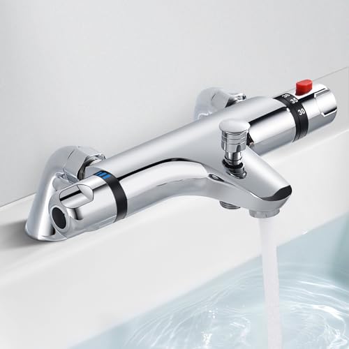 Mitigeur thermostatique pour baignoire/douche, robinet thermostatique en laiton massif avec vanne de contrôle anti-brûlure de sécurité à 38 °C, chrome