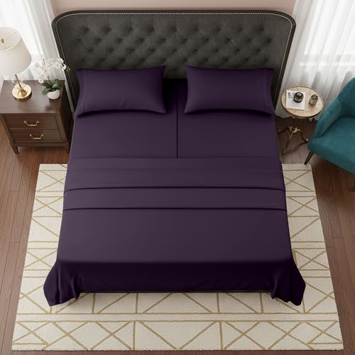 Image of Elegant Comfort Luxurious 1500 Premium Hotel Quality Microfiber Three Line Embroidered Softest 5-Piece Bed Sheet Set, Wrinkle and Fade Resistant, Split King, Purple