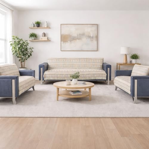 Image of Elegant Woven Beige Sofa Cover - Soft Chenille Traditional Pattern with Lace Style | L-Shape Sectional Seat Protector for Living Room | Durable & Stylish Slipcover 7 Seater Sofa Cover