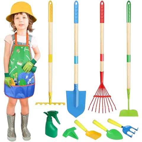 Magic4U Kids Gardening Tools Set, 22 Pcs Metal Garden Tools Toys for Kids with Apron, Gloves, Wood Handle Shovel, Rake, Hoe and Leaf Rake, Outdoor Digging Toys Gifts for Kids Age 3+ Cover