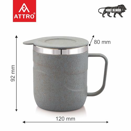 Image of ATTRO Brew Mug - Stainless Steel Inner with eco Friendly Outer Body Durable & Stylish, Microwave Safe Coffee /Tea Mug with Handle & Lid, Ideal for Home, Office, Travel & Gifting - 300ml - Pastel Grey