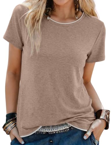 Camiseta Manga Corta Mujer de Cuello Redondo Camisetas Basicas Corte Suelto T Shirt de Contraste Casual y Versátil Top Verano