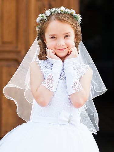 SWEETV First Communion Veil 1st Communion Veils For Kids Flower Girl Bow Headband Veil Holy Headpiece Wedding Catholic Party2