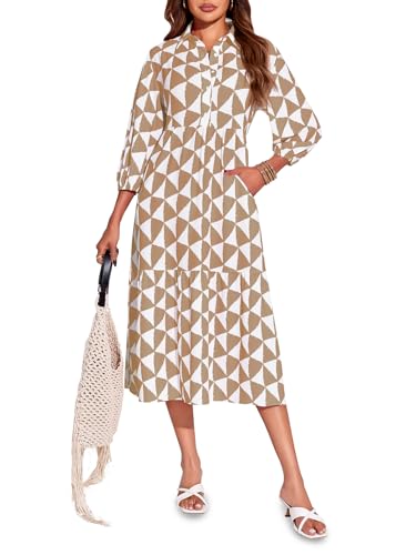 Wenrine Womens Boho Midi Dress Long Sleeve Casual Color Block Beach Button Down Shirt Dress
