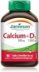 Jamieson Calcium 500 mg avec vitamine D3 1 000 UI, 90 comprimés. Haute absorption, soutient la santé des os, aide à prévenir l'ostéoporose et la perte osseuse. Facile à avaler, végétarien, sans OGM, fier d'être canadien