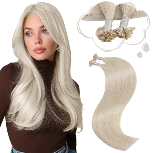 Image of Moresoo K Tip Hair Extensions Real Human Hair, White Blonde, 16 Inch | 50g 50 strands, keratin bonded tips, salon application, bright blonde match, everyday styling