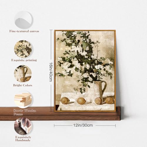 crmotu Vintage Framed Wall Art, Still Life Floral Kitchen Decorations Painting, Lemons and Flowers Canvas Botanical Prints, Retro Wall Pictures for Bedroom Bathroom Farmhouse Office Desktop 12x16in