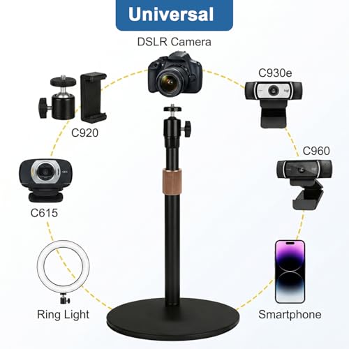 Image of ZORBES Aluminum Alloy Phone & Tablet Desk Stand with 360 Rotating 1 /4'' Ball Head Mount, Telescopic Height 30-45.5cm Heavy Base Holder Universal Live Streaming, Vlogging, Webcam