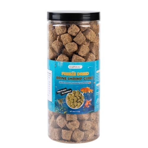 capuca Freeze Dried Brine Shrimp Cubes -100% Pure High Protein Fish Food for Tropical, Marine & Freshwater Fish, Aquatic Turtles (4oz)