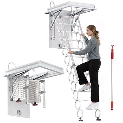Ceiling Mount Attic Ladder?12-Step?, Retractable Pull Down Attic Staircase with Armrests, Hidden Mount Extension Stairs for Home Garage Storage, 660 lbs Capacity?38.9 × 31.1 inch Opening?
