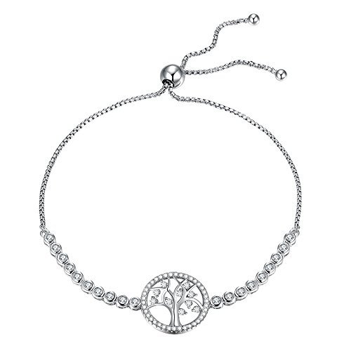 Round Tree of Life Tennis Bracelet Sterling Silver 925 Cubic Zirconia CZ Adjustable Anchor Chain 10