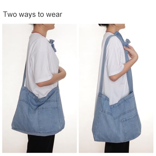 Image of Denim Shoulder Bag - Women's Retro Large Canvas Crossbody Tote Bag, Casual Style Lightweight