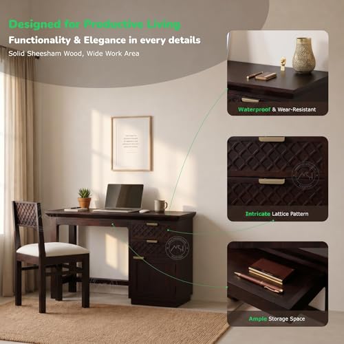 Image of NSH Solid Sheesham Wood Study Table with Chair | Wooden Writing Desk with Drawer & Door Storage | Pre-Assembled Computer Desk Workstation for Home Office & Study Room | Walnut Finish