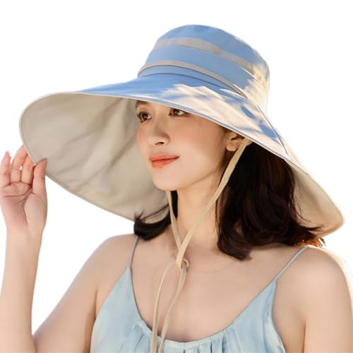 Generisch Sombrero ancho con ala grande, cremallera y cordón, sombrero para el sol de ala ancha, totalmente opaco, sombrero plegable para mujer, azul, talla única