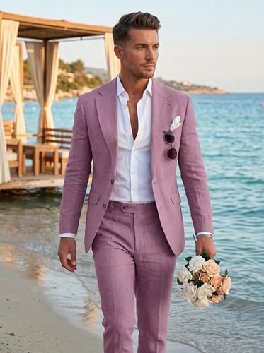 Image of Men's Linen Suit 2 Piece Slim Fit Summer Beach Wedding Prom Party | Breathable,Linen Blazer Suit Set,for Beach Weddings,Groom Wear,Prom and Outdoor Parties,Business Casual,Vacation Daily Wear