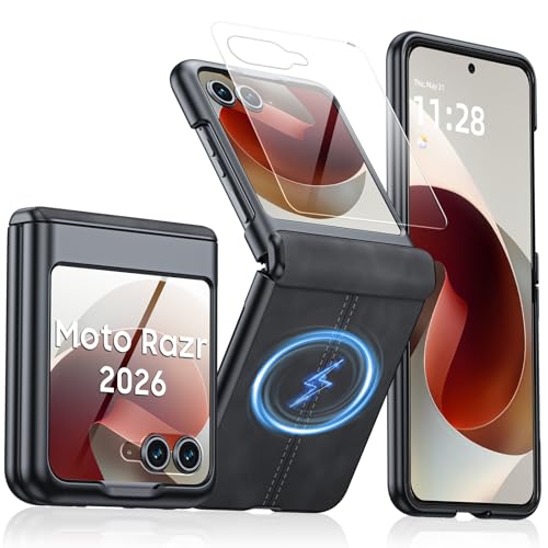 Image of Magnetic for Motorola Razr 2026 Case with Hinge Protection & Built-in Outer Screen Protector, Fit for Magsafe, Ultra-Thin PU Leather Matte PC Shockproof Cover for Moto Razr 2026-Black Gray