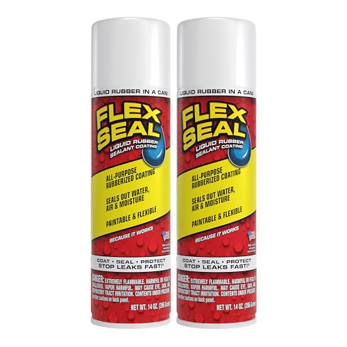 Flex Seal, 14 oz, 2-Pack, White, Stop Leaks Instantly, Waterproof Rubber Spray On Sealant Coating, Perfect for Gutters, Wood, RV, Campers, Roof Repair, Skylights, Windows, and More