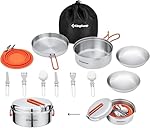 KingCamp Camping vajilla de Cocina, Utensilios Ext...: 【Contenido del set – Todo en uno】: Set de cocina de 15 piezas para 2 personas: 1 cacerola de acero inoxidable, 1 sartén de acero inoxidable, 2 platos de acero inoxidable, 2 cuencos plegables de silicona con 2 mosquetones, 2 juegos de cuchara-tenedor-...