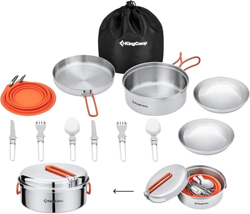 KingCamp Set di pentole da campeggio, stoviglie da campeggio in acciaio inox, leggero e portatile, include pentola, padella, posate, piatti e ciotole, set pieghevole ultraleggero, adatto per 2 persone