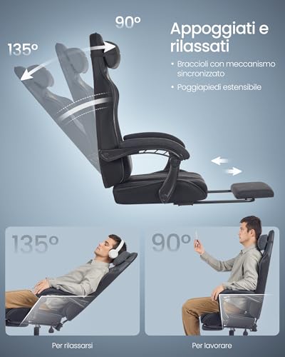 Sedia Gaming, Sedia da Ufficio Scrivania, Ergonomica, Seduta con Molle, Poggiapiedi, Braccioli con Meccanismo Sincronizzato, Nero Inchiostro OBG079B01 - Sedia gaming - Immagine 6