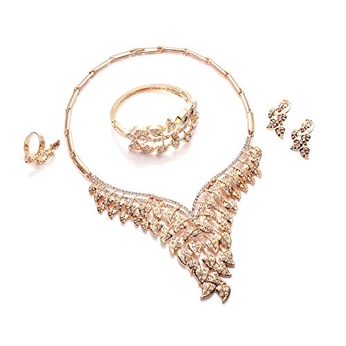 Everrich Crystals Bridal Flower Circle Tear Drop Rose Gold Plated Earring Necklace Wedding Engagement Jewelry Sets,4 Pairs