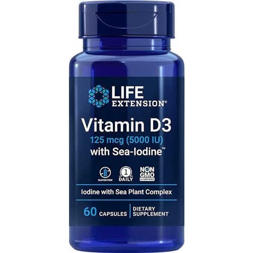 Life Extension, Vitamina D3 125mcg (5000 IU), Depot, Una Cápsula cada 5 Días, con Yodo Marino, 60 Cápsulas, Probado en Laboratorio, Sin Gluten, Sin Soja, No GMO