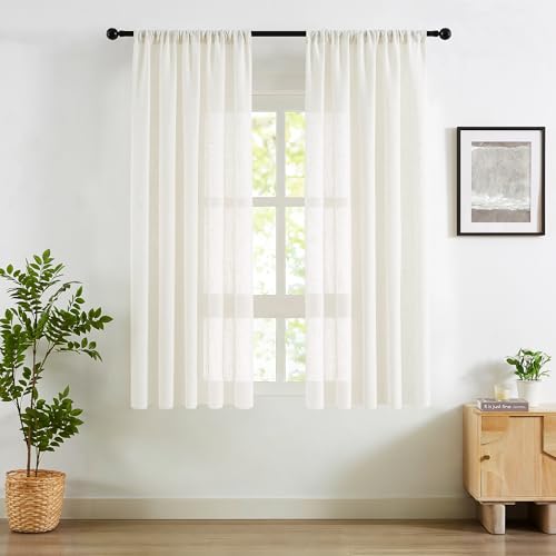 Image of Treatmentex Flax Blend Linen Semi Sheer Curtains for Bedroom 52 x 63 White Light Filtering Privacy Curtain Draprs for Office Sun Room Rod Pocket 2pcs