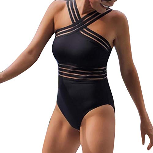 Trajes de baño Mujer 2019 SHOBDW Bikinis Conjunto De Bikini Push-Up Pad Una Pieza Mono Sexy Perspectiva Sólido Retro Cuello Halter Escotado por Detrás Basic Ropa De Playa Negra Bañadores(Negro,L)