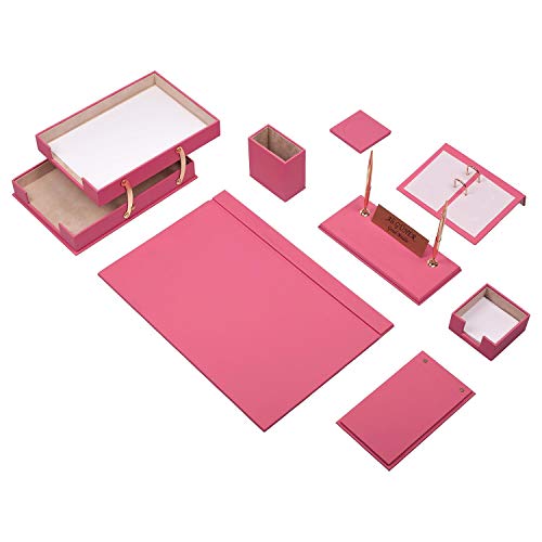 Leather Desk Set, 10 Pieces, Double Document Tray, Desk Organizer (Pink)