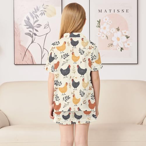 Rooster Leaves Pattern Summer Satin Pajama Set, Cute Button-Down Sleepwear Pj Set for Sleep Wears4