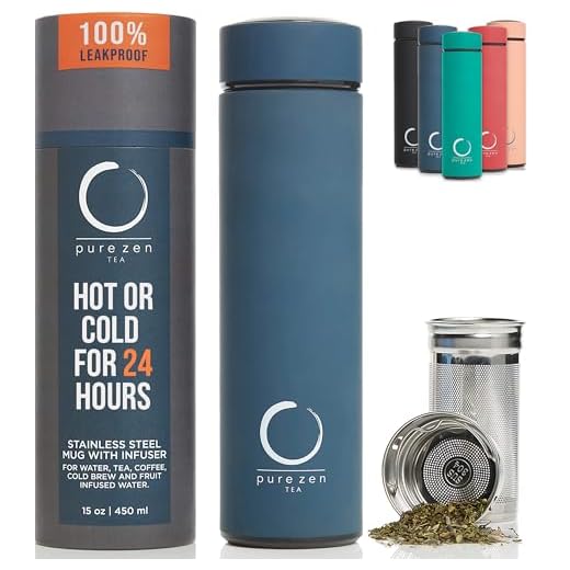 Pure Zen Tea Thermos with Infuser for Hot and Cold Infusions - Stainless Steel - Tea Infuser Bottle - Leakproof Travel Mug with Filter - 15oz - Blue