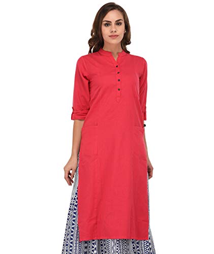 Image of Pistaa's Women's Cotton Relaxed Fit Straight Solid Kurta With Two Patch Pockets