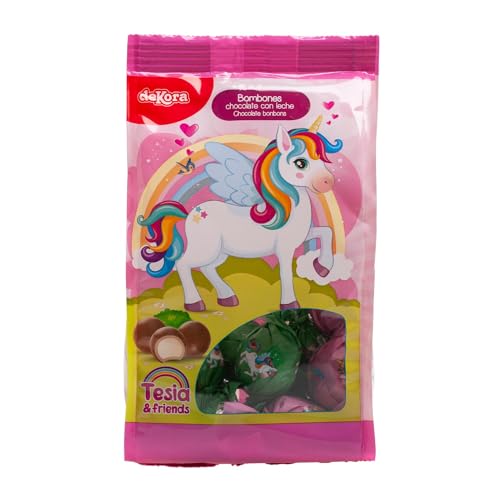 Dekora - Pack Bombones de Chocolate Rellenos de Crema de Leche y Diseño Unicornio Tesia 100g, Ideal para Fiestas Infantiles y Cumpleaños. Divertidos y deliciosos