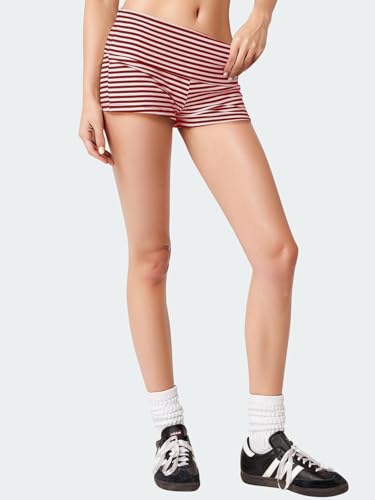 Womens Fold Over Shorts Elastic Waist Y2k Striped Shorts Skinny Pajamas Mini Sleepwear Stretchy Yoga Shorts4