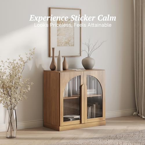 Image of BELLEZE Bijou 31.5 inch Modular Sideboard Cabinet - Expandable Design with Arched Glass Doors - Use Solo or Combine for Buffet, Living Room Media Center & Entryway - 70lbs Capacity, Camel
