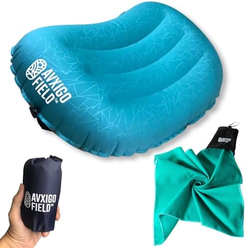 AVXIGO FIELD Ultralight Inflatable Camping Pillow, Deluxe Edition, Compact & Comfy - Comes with Microfiber Face Towel Quick-Dry w/Pouch and Hanging Buckle, Turquoise Blue