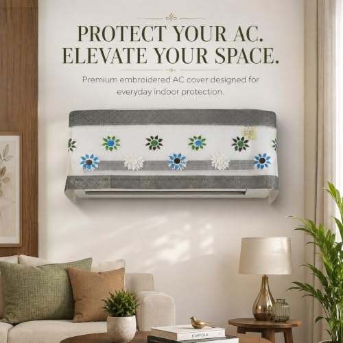 Image of Cotton Net Split AC Cover Indoor Unit for 1.5 Ton Capacity AC, Premium Work Indoor AC Dust Protection Cover Designer Summer Ac Cover for 1.5 Ton Ac (Grey Flower)